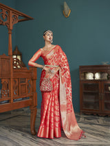 Dista Elora Red Cotton Silk Ikkat Zari Designer Saree for Women, view 4