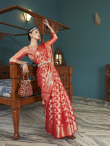 Dista Elora Red Cotton Silk Ikkat Zari Designer Saree for Women, view 5