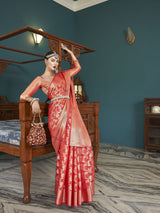 Dista Elora Red Cotton Silk Ikkat Zari Designer Saree for Women, view 6