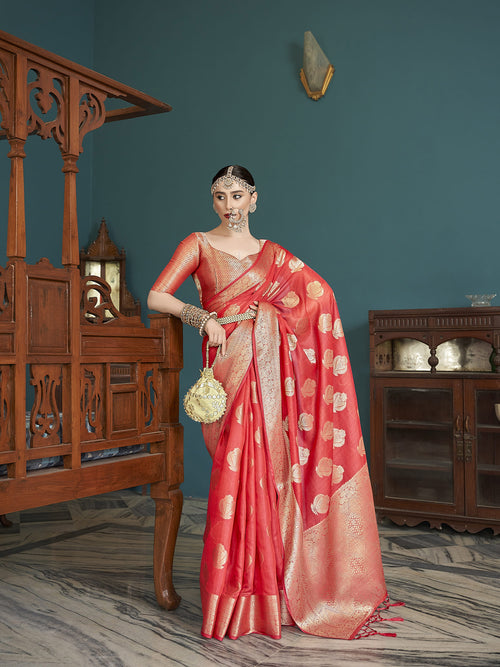 Dista Elora Red Cotton Silk Ikkat Zari Designer Saree for Women