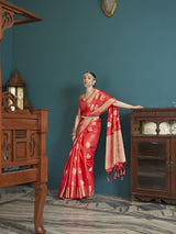 Dista Elora Red Cotton Silk Ikkat Zari Designer Saree for Women, view 2
