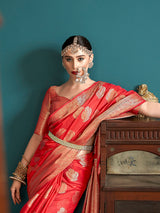 Dista Elora Red Cotton Silk Ikkat Zari Designer Saree for Women, view 5