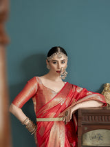 Dista Elora Red Cotton Silk Ikkat Zari Designer Saree for Women, view 6