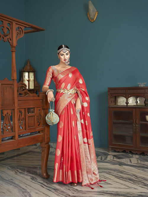 Dista Elora Red Cotton Silk Ikkat Zari Designer Saree for Women