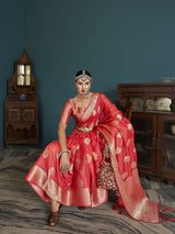 Dista Elora Red Cotton Silk Ikkat Zari Designer Saree for Women, view 2