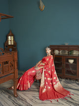 Dista Elora Red Cotton Silk Ikkat Zari Designer Saree for Women, view 4