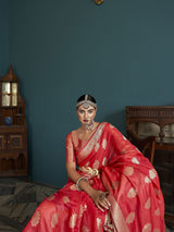 Dista Elora Red Cotton Silk Ikkat Zari Designer Saree for Women, view 5