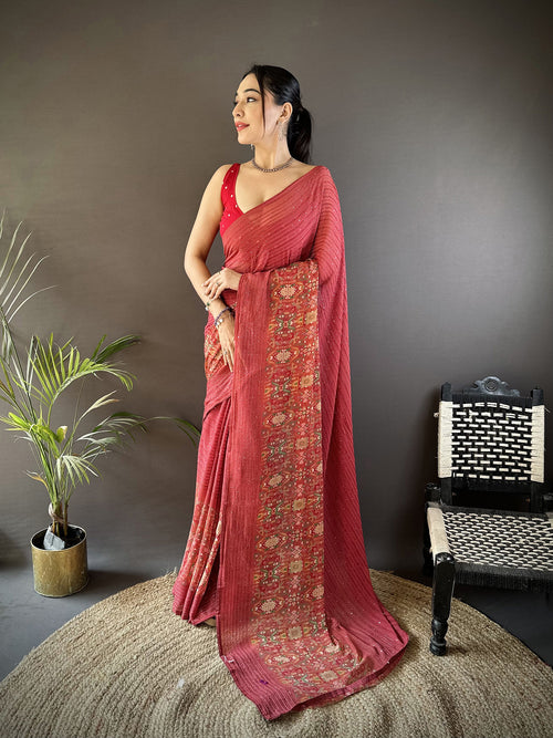 Dista Elora Red Georgette Sequence Attractive Foil Print Fancy Georgette Saree