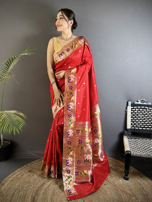 Dista Elora Red Lichi Silk Floral & Meena Weaving Zari Worked Paithani Saree