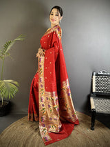 Dista Elora Red Lichi Silk Floral & Meena Weaving Zari Worked Paithani Saree, view 2