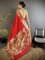Dista Elora Red Lichi Silk Floral & Meena Weaving Zari Worked Paithani Saree, view 3
