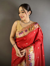 Dista Elora Red Lichi Silk Floral & Meena Weaving Zari Worked Paithani Saree, view 4
