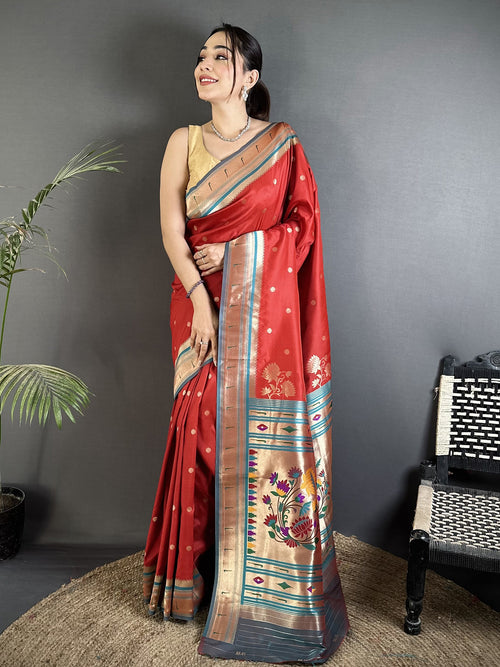 Dista Elora Red Lichi Silk Floral Motifs Zari Weaving Paithani Saree