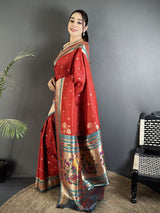 Dista Elora Red Lichi Silk Floral Motifs Zari Weaving Paithani Saree, view 2