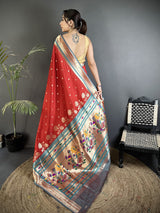 Dista Elora Red Lichi Silk Floral Motifs Zari Weaving Paithani Saree, view 3