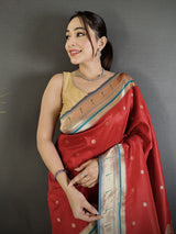 Dista Elora Red Lichi Silk Floral Motifs Zari Weaving Paithani Saree, view 4