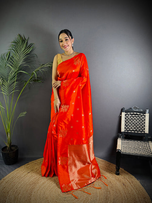 Dista Elora Red Lichi Silk Flower Zari Weaving Banarasi Saree