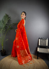 Dista Elora Red Lichi Silk Flower Zari Weaving Banarasi Saree, view 2