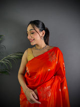 Dista Elora Red Lichi Silk Flower Zari Weaving Banarasi Saree, view 3