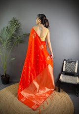 Dista Elora Red Lichi Silk Flower Zari Weaving Banarasi Saree, view 4