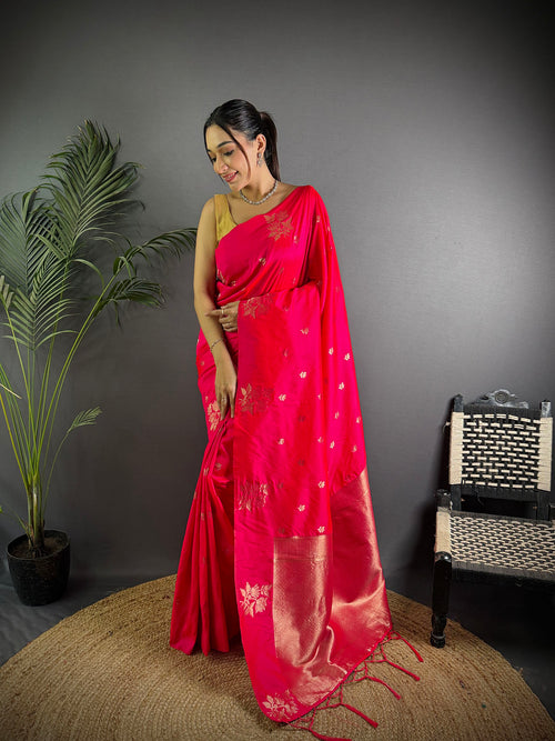 Dista Elora Red Lichi Silk Flower Zari Weaving Banarasi Saree