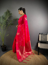 Dista Elora Red Lichi Silk Flower Zari Weaving Banarasi Saree, view 2