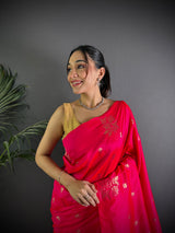 Dista Elora Red Lichi Silk Flower Zari Weaving Banarasi Saree, view 3