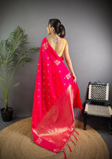 Dista Elora Red Lichi Silk Flower Zari Weaving Banarasi Saree, view 5