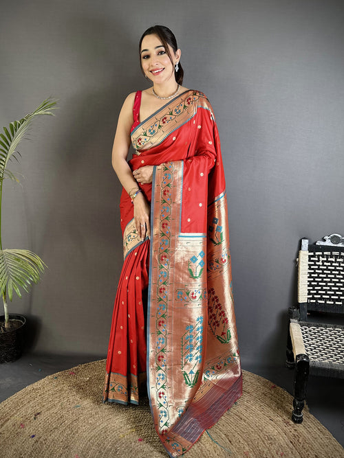 Dista Elora Red Lichi Silk Ikkat Floral Motifs Zari Woven Paithani Saree