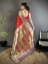 Dista Elora Red Lichi Silk Ikkat Floral Motifs Zari Woven Paithani Saree, view 2