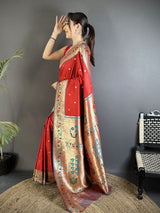 Dista Elora Red Lichi Silk Ikkat Floral Motifs Zari Woven Paithani Saree, view 3