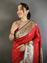 Dista Elora Red Lichi Silk Ikkat Floral Motifs Zari Woven Paithani Saree, view 4