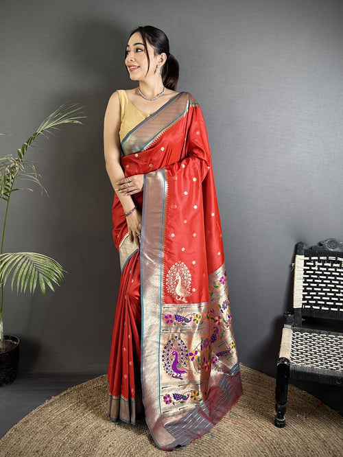 Dista Elora Red Lichi Silk Paithani Peacock Motifs Zari Work Saree