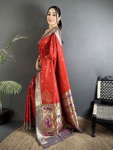 Dista Elora Red Lichi Silk Paithani Peacock Motifs Zari Work Saree, view 2