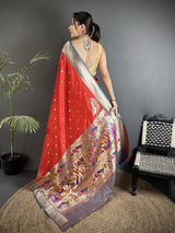 Dista Elora Red Lichi Silk Paithani Peacock Motifs Zari Work Saree, view 3