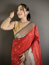 Dista Elora Red Lichi Silk Paithani Peacock Motifs Zari Work Saree, view 4