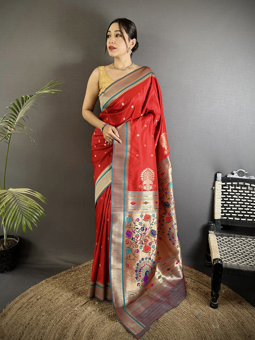 Dista Elora Red Lichi Silk Peacock & Floral Motifs Zari Weaving Paithani Saree