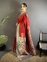 Dista Elora Red Lichi Silk Peacock & Floral Motifs Zari Weaving Paithani Saree, view 2