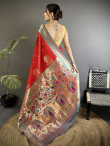 Dista Elora Red Lichi Silk Peacock & Floral Motifs Zari Weaving Paithani Saree, view 3
