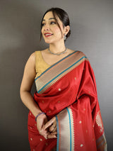 Dista Elora Red Lichi Silk Peacock & Floral Motifs Zari Weaving Paithani Saree, view 4