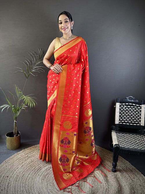 Dista Elora Red Lichi Silk Peacock & Floral Motis Zari Weaving Paithani Saree