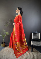 Dista Elora Red Lichi Silk Peacock & Floral Motis Zari Weaving Paithani Saree, view 2