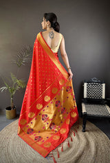 Dista Elora Red Lichi Silk Peacock & Floral Motis Zari Weaving Paithani Saree, view 3