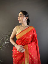 Dista Elora Red Lichi Silk Peacock & Floral Motis Zari Weaving Paithani Saree, view 4