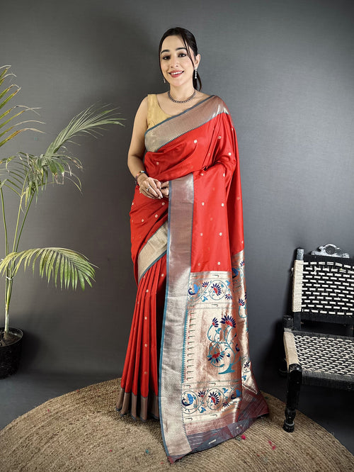 Dista Elora Red Lichi Silk Peacock Motifs Zari weaving Paithani Saree