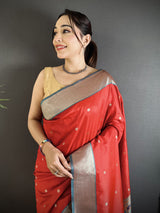 Dista Elora Red Lichi Silk Peacock Motifs Zari weaving Paithani Saree, view 2