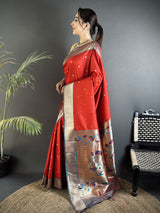 Dista Elora Red Lichi Silk Peacock Motifs Zari weaving Paithani Saree, view 3