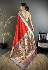 Dista Elora Red Lichi Silk Peacock Motifs Zari weaving Paithani Saree, view 4