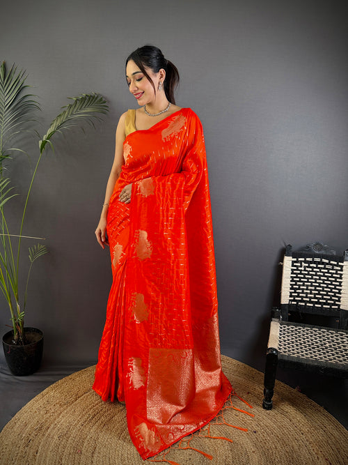 Dista Elora Red Lichi Silk Striped Jacquard Zari Weaving Banarasi Saree