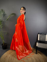 Dista Elora Red Lichi Silk Striped Jacquard Zari Weaving Banarasi Saree, view 2
